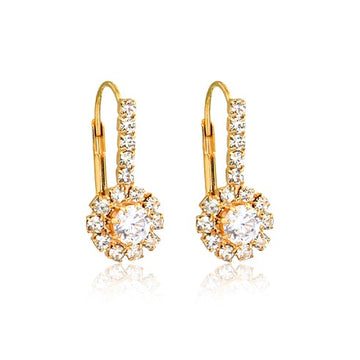 18K Gold Layered Oro Laminado Clear Cubic Zirconia Flower Design Leverback Earrings 21.0109/1